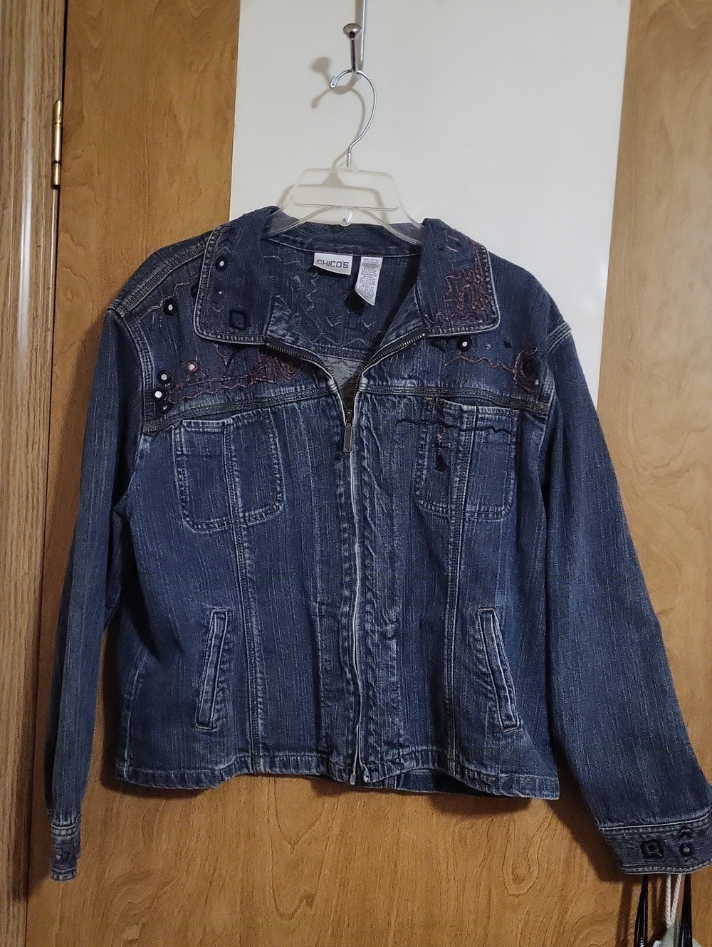 Chico's Embroidered Dark Blue Denim Zip Jacket